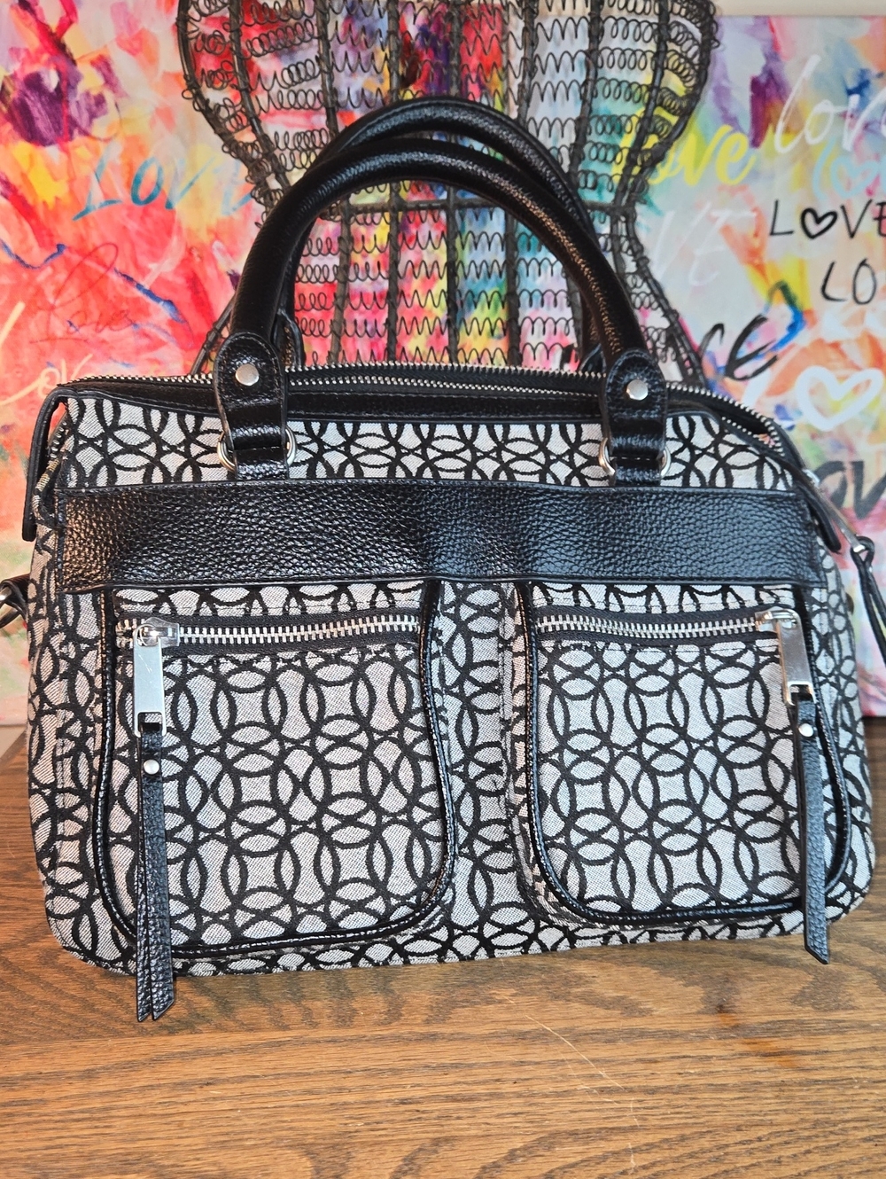 Black & White Patterned Satchel Handbag